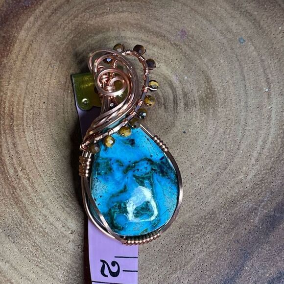 Artisan handmade Chrysocolla Malachite pendant wire wrap necklace malacholla tig - Picture 3 of 6